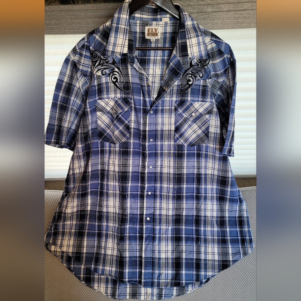 Ely Cattleman Blue Plaid Short Sleeve Shirt XXL